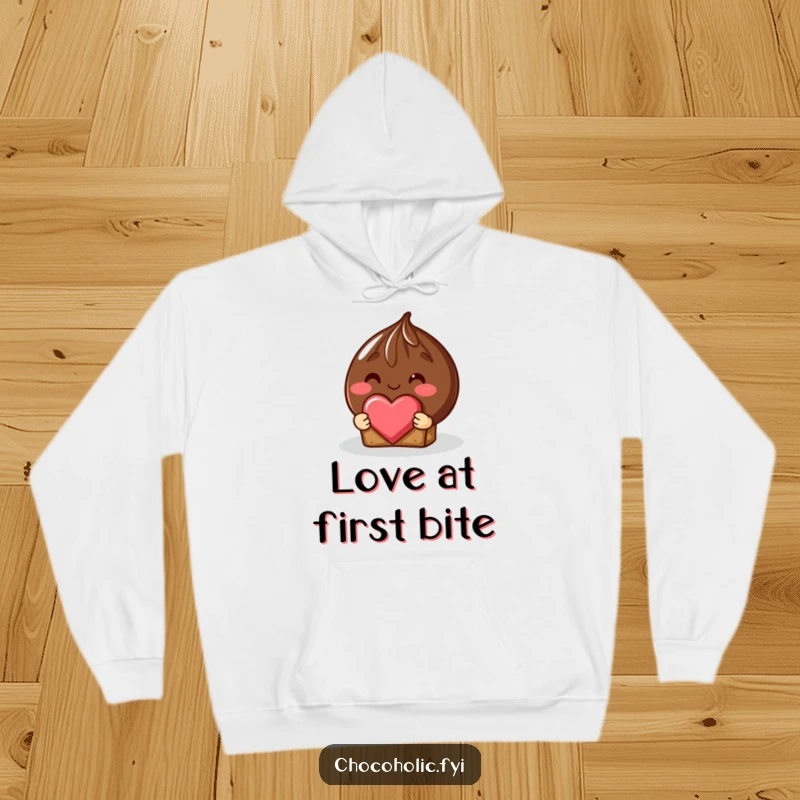 Cozy funny shy chocolate truffle hoodie with rosy blush offering a heart-shaped piece, for warm comfort.