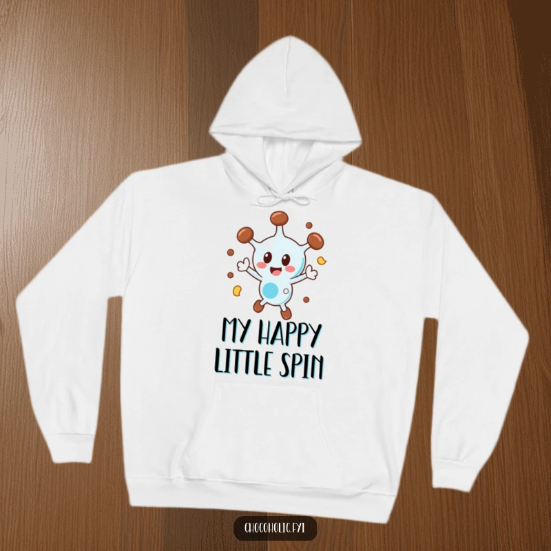 Funny chocolate molecule hoodie with a character spinning ecstatically, offering warmth and playful energy.