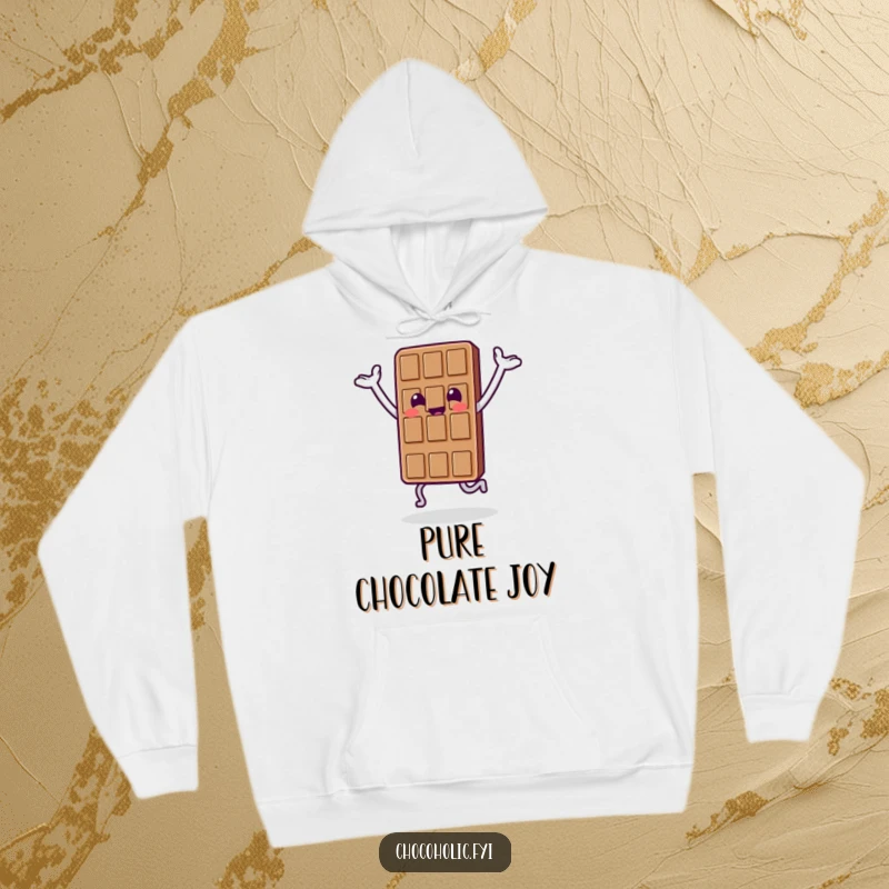 Funny hoodie featuring a cheerful chocolate bar character doing a happy hop with its arms triumphantly in the air.