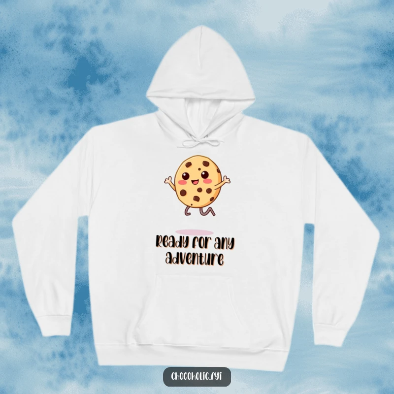 Funny chocolate chip cookie character, legs kicking in mid-air, printed on a cozy hoodie, energetic and fun.