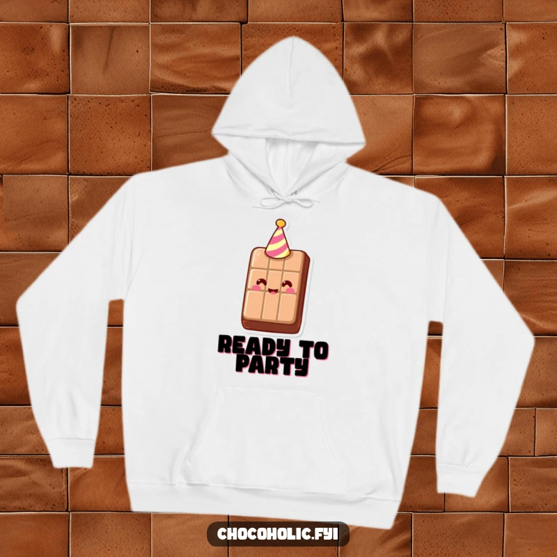 Funny Hoodie featuring a cheerful chocolate bar with a tiny party hat, radiating celebration. A warm and humorous apparel choice.