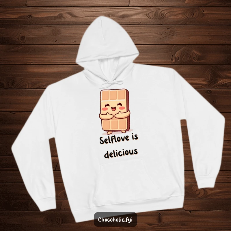 Funny Kawaii chocolate bar embracing itself tightly in a happy hug, a cozy and humorous hoodie.