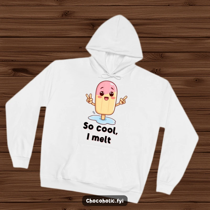 Funny Kawaii popsicle character in a victory pose, with a melting puddle, on a cozy hoodie.