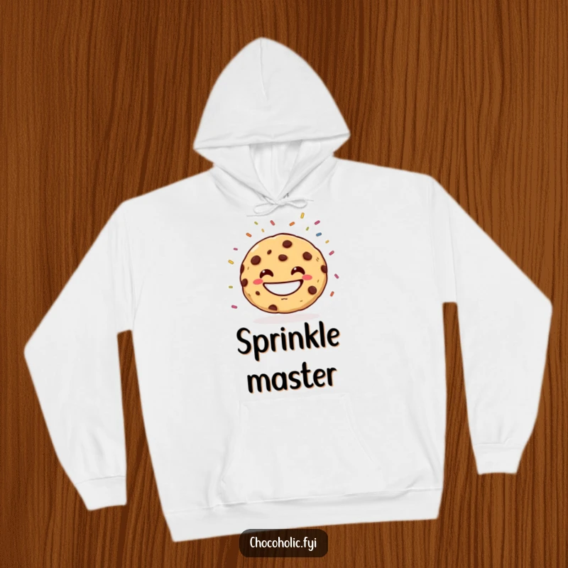 Funny Hoodie featuring a smiling chocolate chip cookie masterfully juggling sprinkles, radiating pure fun. A warm and humorous apparel choice.