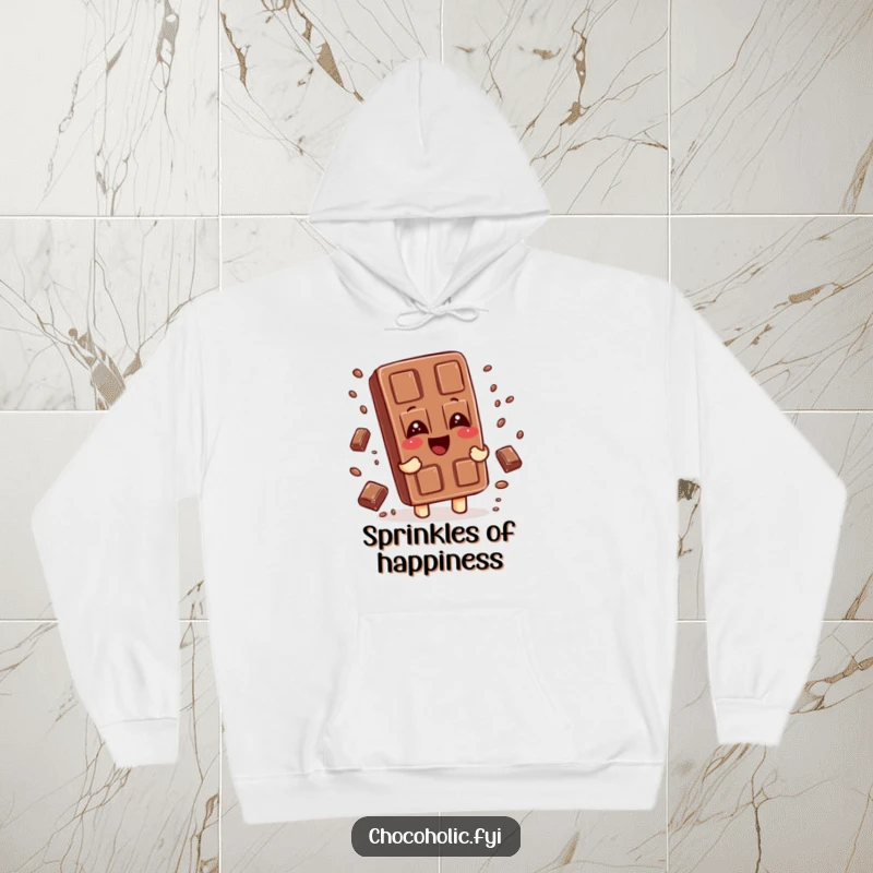 Funny hoodie depicting a chocolate bar character in a fit of giggles, with tiny chocolate sprinkles falling around it, exuding playful delight.
