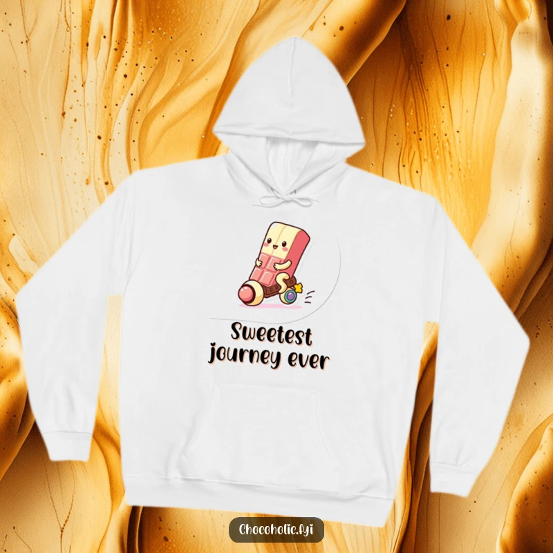 Funny Hoodie: Adorable kawaii chocolate bar character riding a colorful gumball, showcasing a fun and sweet adventure.