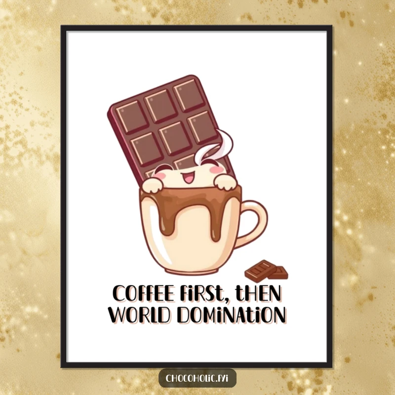 Funny Free Printable Wall Art: A chocolate bar character peeking curiously over a tiny, steaming mug with immense delight.