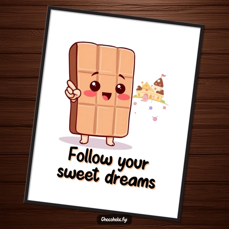 Funny Free Printable Wall Art: A kawaii chocolate bar excitedly points towards a magical candy land, inspiring dreams.