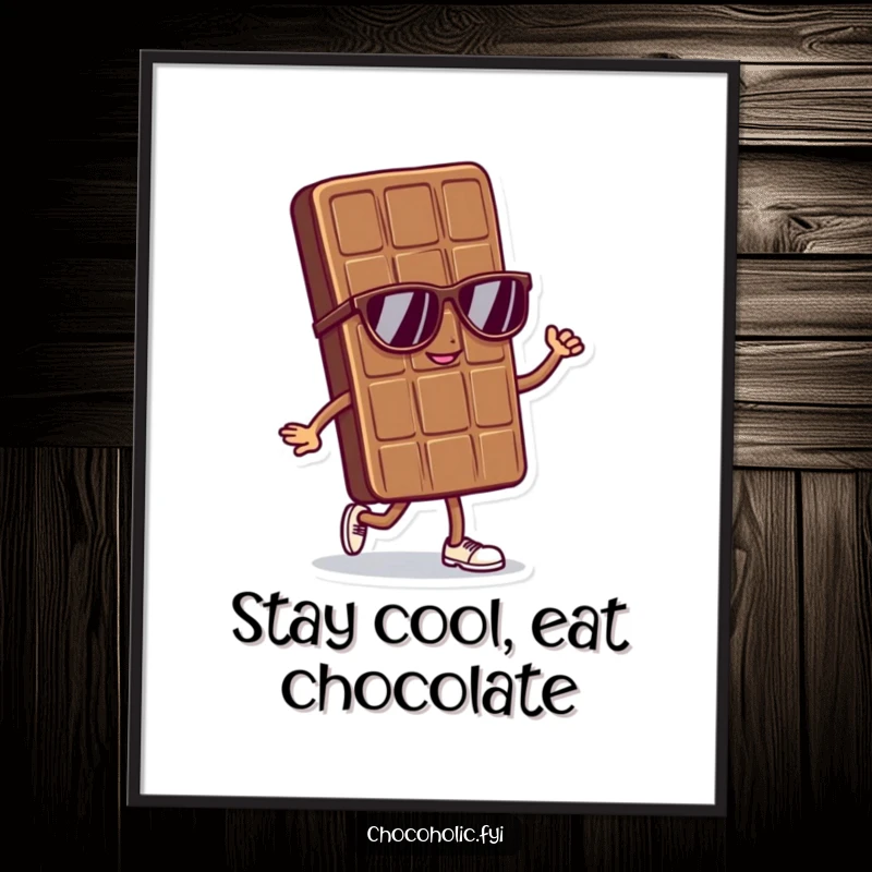 Funny Free Printable Wall Art: A chocolate bar character in sunglasses, doing a confident strut, radiating cool vibes.