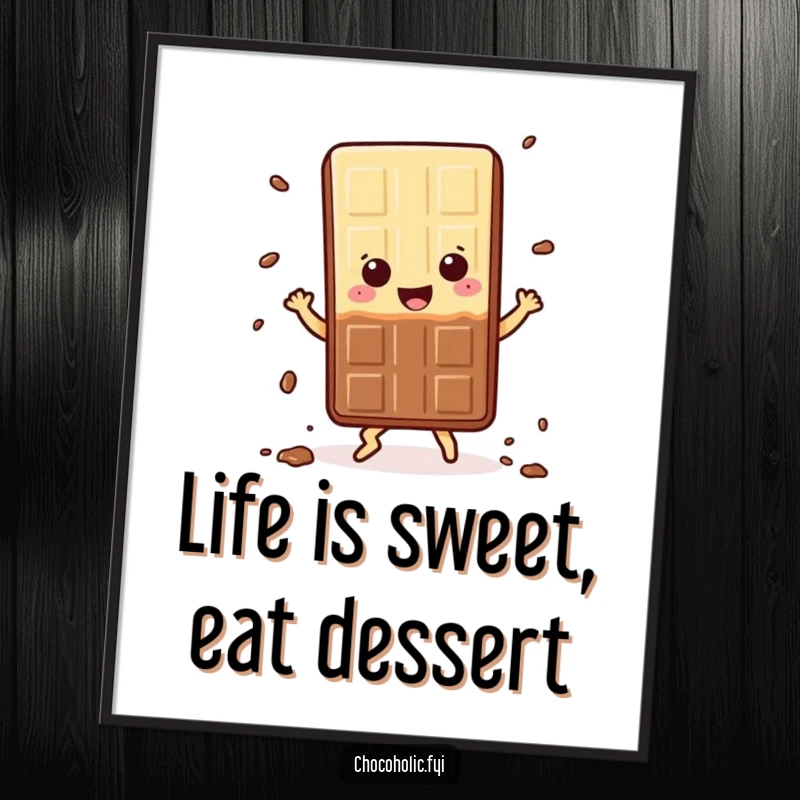 Funny Free Printable Wall Art: A kawaii chocolate bar character happily dances, scattering small crumbs.