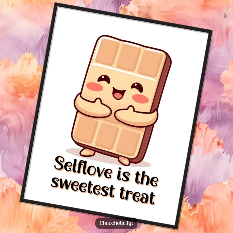 Funny Free Printable Wall Art: A Kawaii chocolate bar giving itself a warm, happy hug, creating a cozy and sweet decor piece.