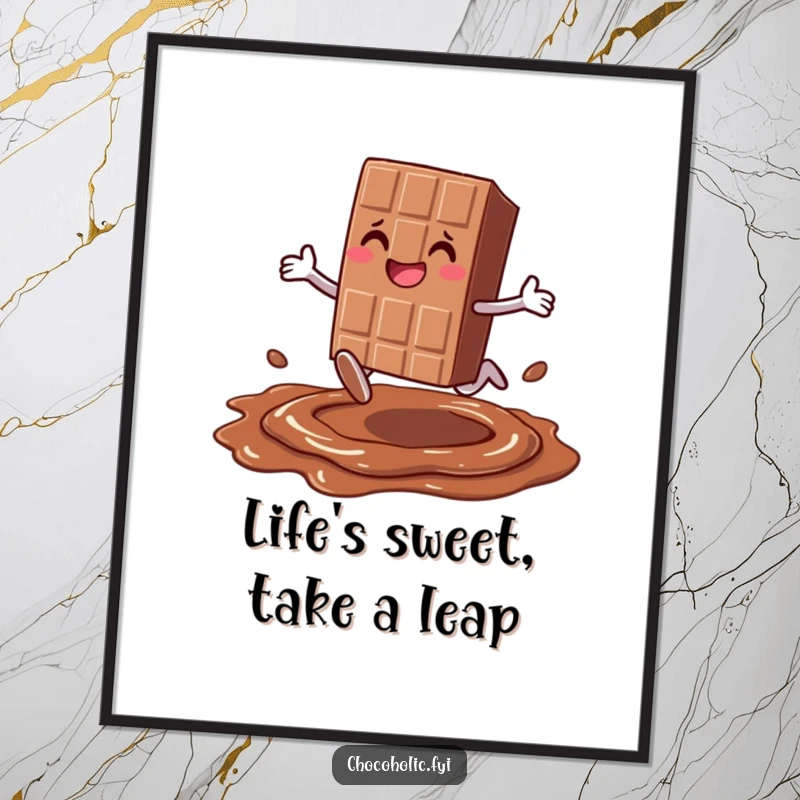 Funny Free Printable Wall Art: Chocolate bar character doing a joyful leap over a puddle of melted chocolate.