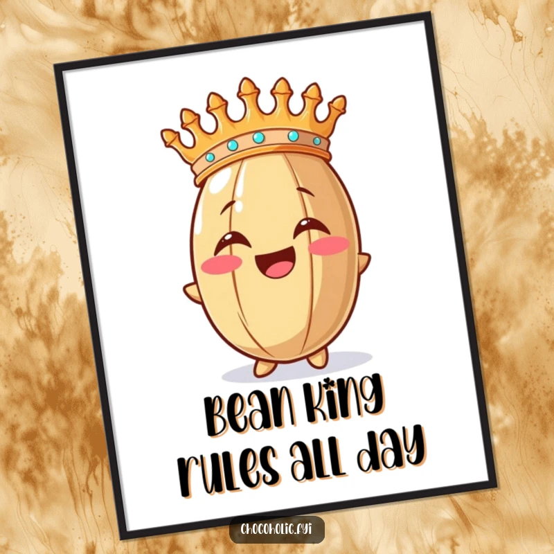 Funny Free Printable Wall Art: A cocoa bean wearing a crown, radiating pure, ecstatic joy and regal charm.