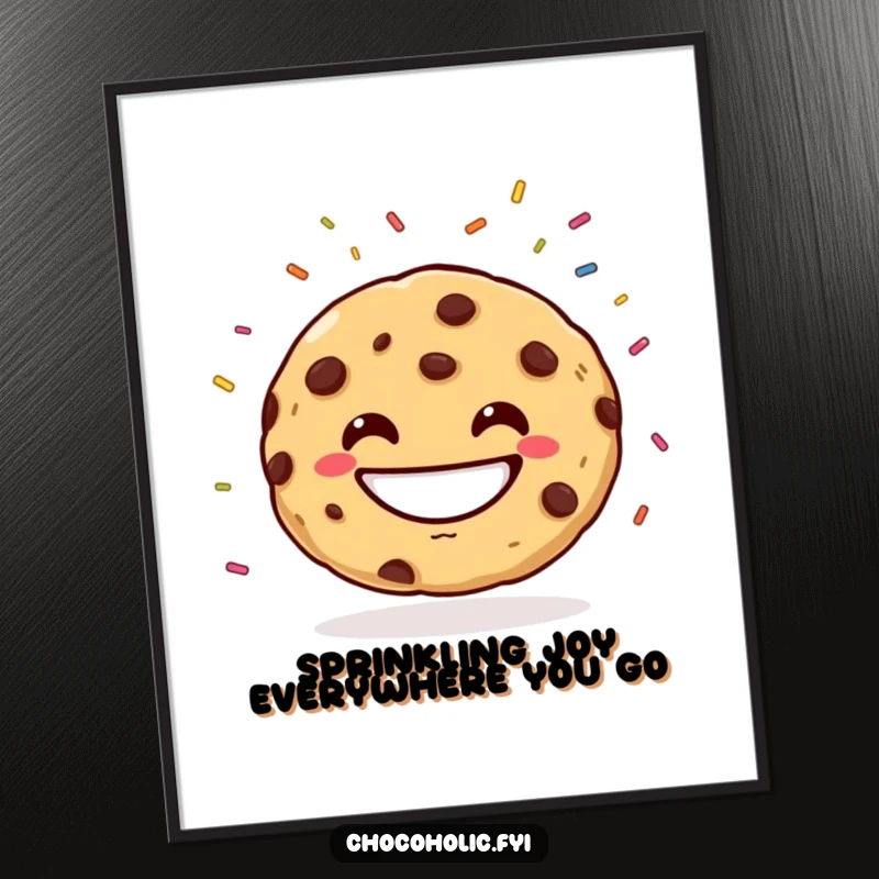 Funny Free Printable Wall Art of a chocolate chip cookie with a wide grin juggling colorful sprinkles, a whimsical display of baking artistry.