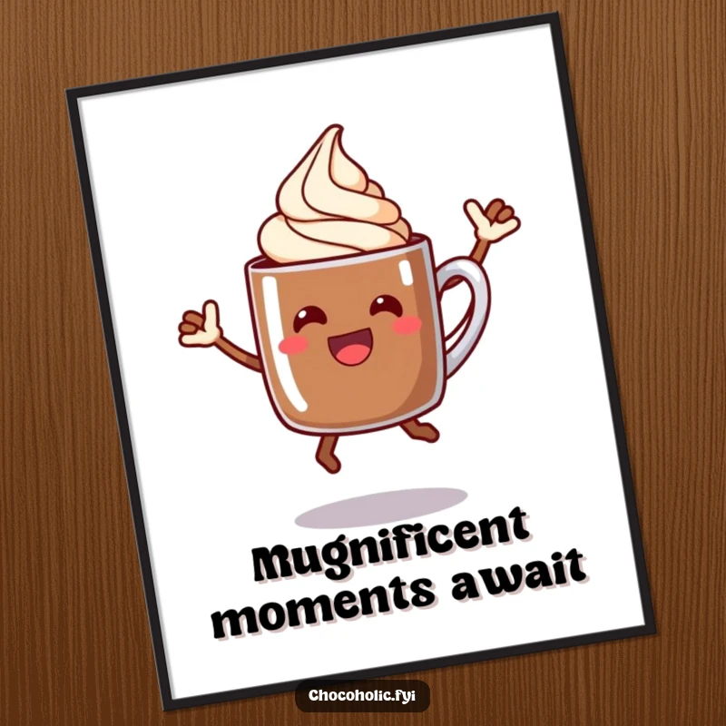 Funny Free Printable Wall Art of a happy chocolate mug character with cream mid-jump, exuding pure celebration.