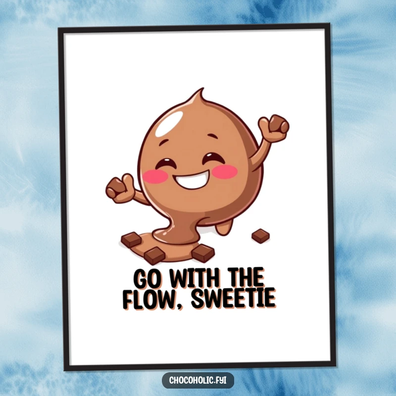 Funny Free Printable Wall Art featuring a melting chocolate blob character with a wide, silly grin reaching enthusiastically for more chocolate.