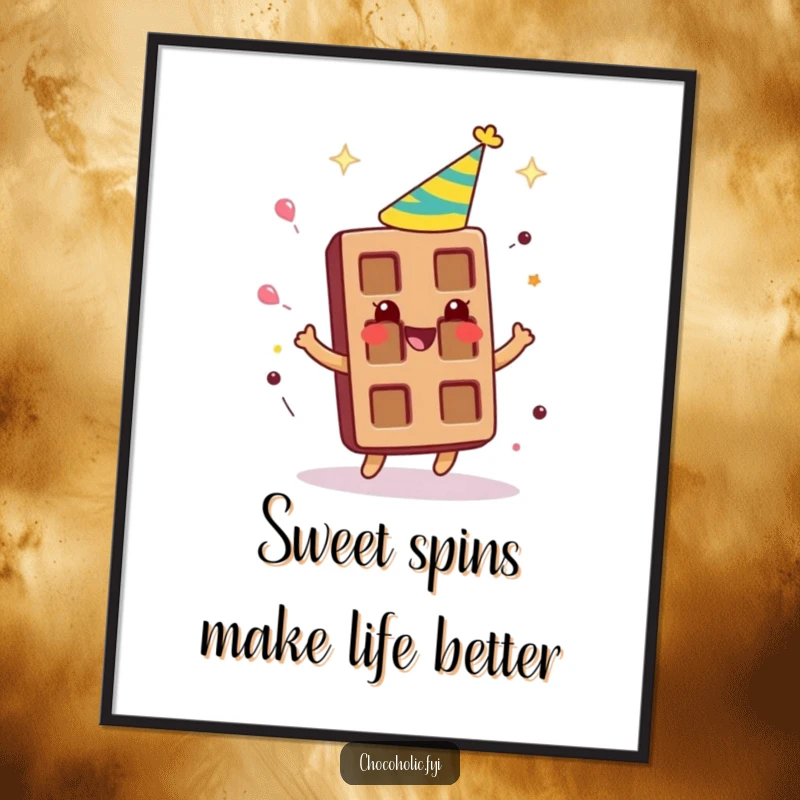 Funny Free Printable Wall Art: Chocolate bar character wearing a party hat, spinning around gleefully with joy.