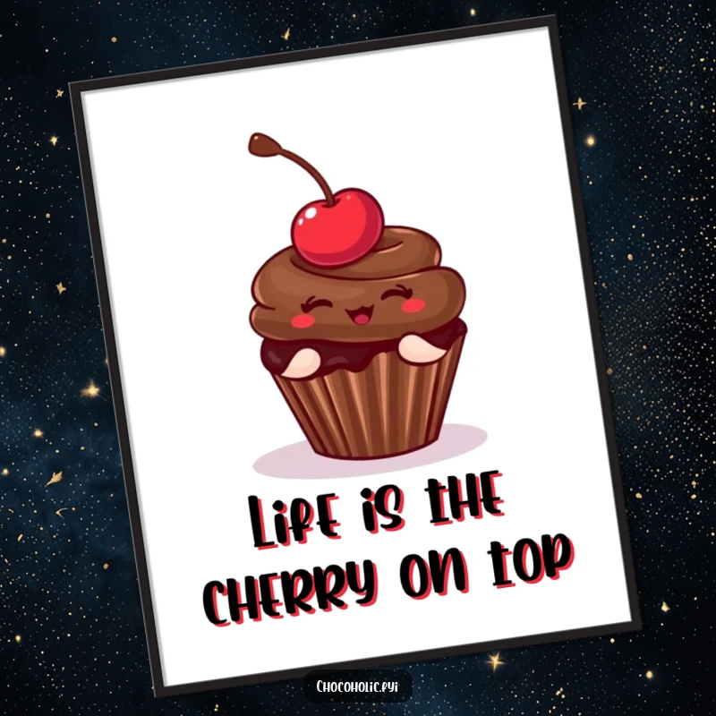 Funny Free Printable Wall Art of a chocolate cupcake with a cherry striking a playful pose, adding a sweet and cute element.