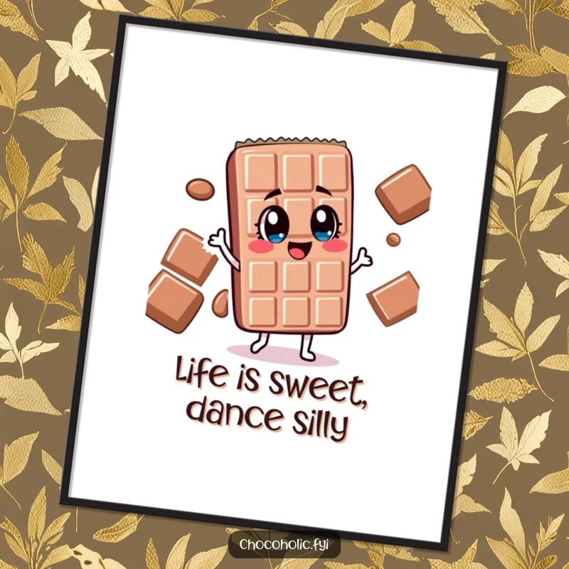 Funny Free Printable Wall Art: Chocolate bar character with wide, delighted eyes doing a goofy, silly dance.