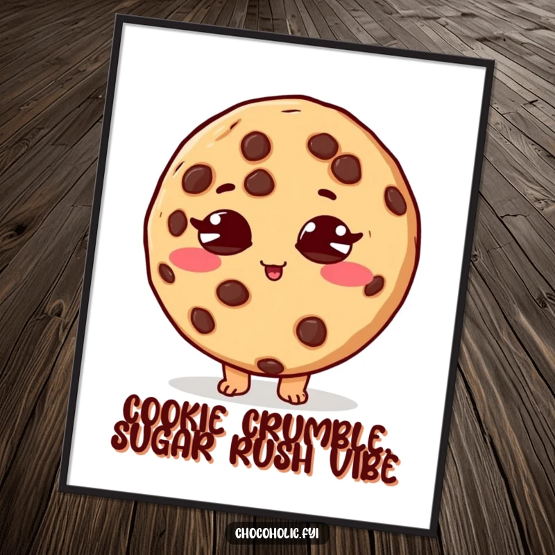 Funny Free Printable Wall Art: A chocolate chip cookie character with crossed eyes, vibrating with intense sugar rush energy.