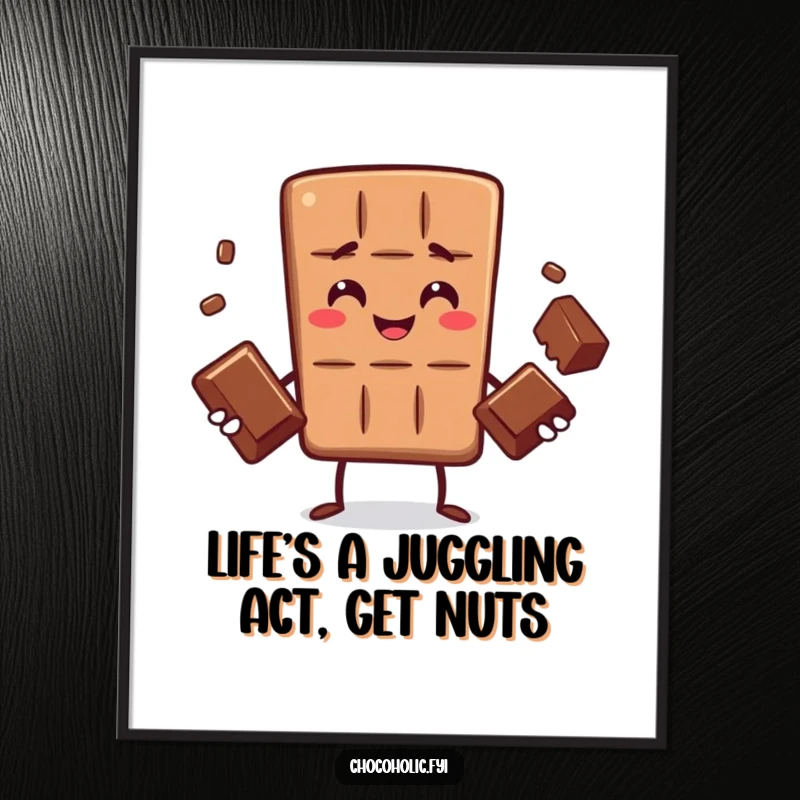Funny free printable wall art: a smiling chocolate bar character masterfully juggling three small chocolates, adding a touch of fun.