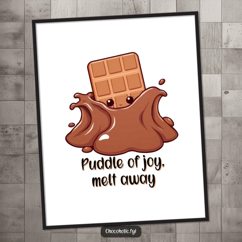 Funny free printable wall art: a chocolate bar character peeking from behind a large, melting puddle of luscious chocolate.
