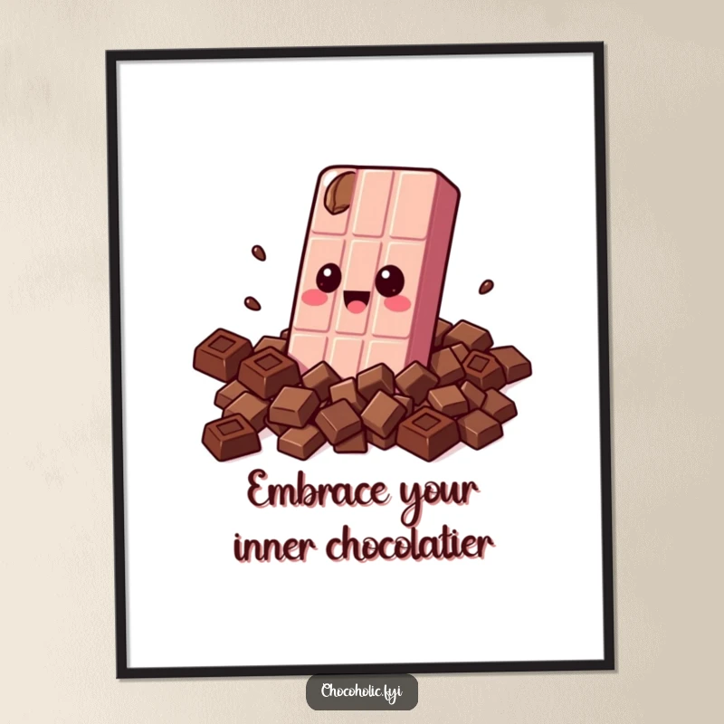 Funny free printable wall art of a kawaii chocolate bar character joyfully engulfing itself in chocolate pieces.