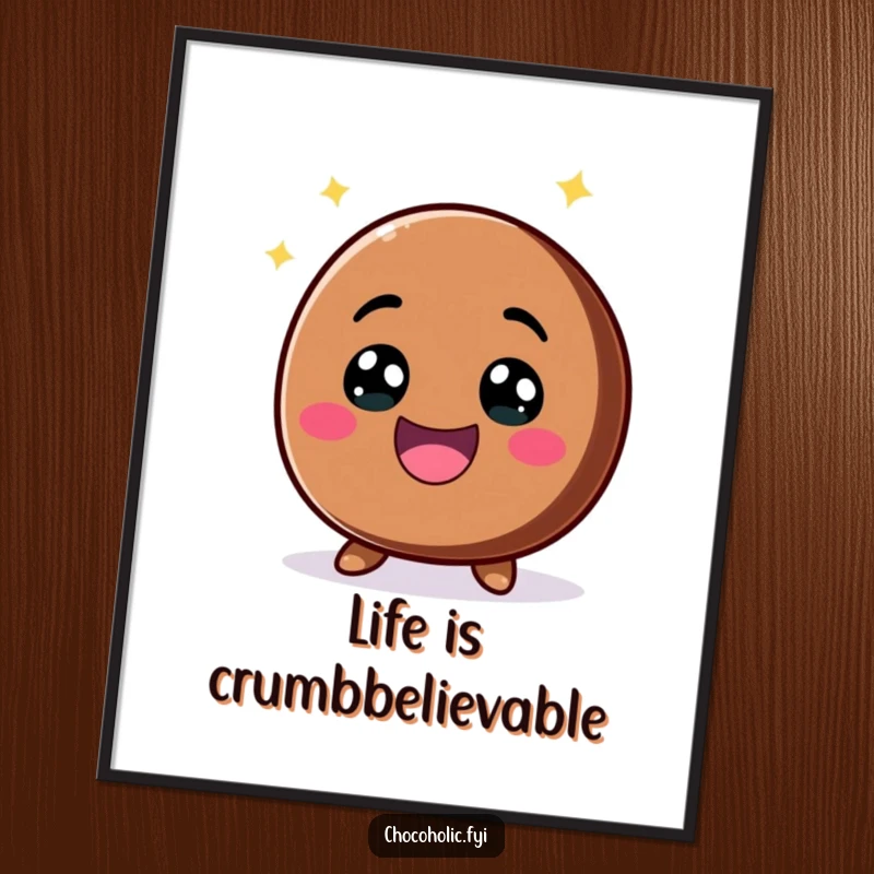 Funny Free Printable Wall Art: A kawaii chocolate chip character with a big excited smile and sparkling eyes, radiating pure happiness.