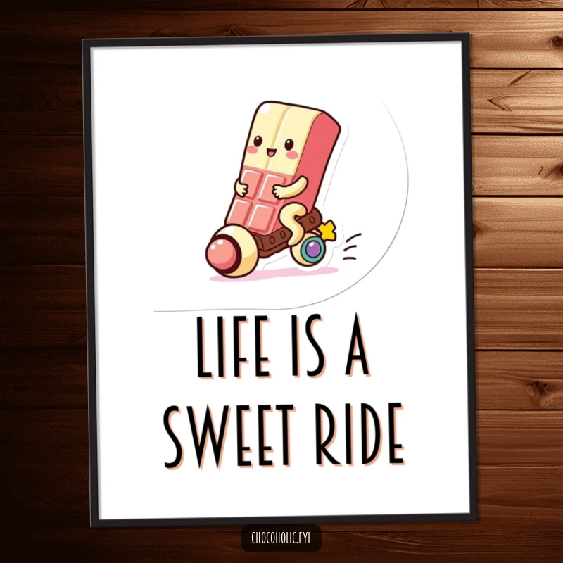 Funny Free Printable Wall Art: A kawaii chocolate bar gleefully rides a colorful gumball, bringing quirky charm.