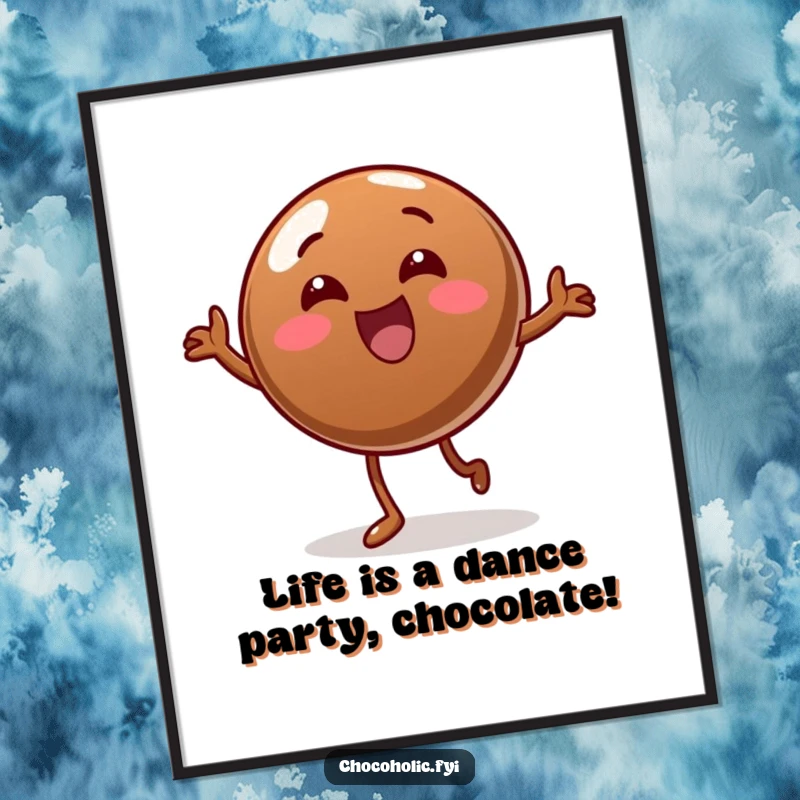 Funny Free Printable Wall Art depicting a round chocolate candy in an energetically silly wobble dance.