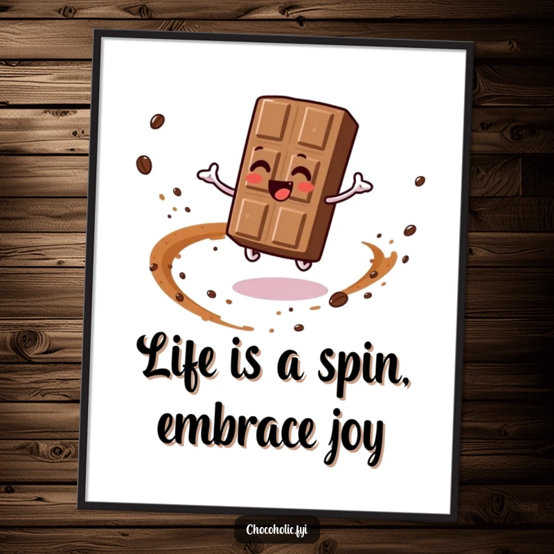 Funny Free Printable Wall Art: Chocolate bar character gleefully spinning around, leaving a dusty trail of cocoa particles in its wake.