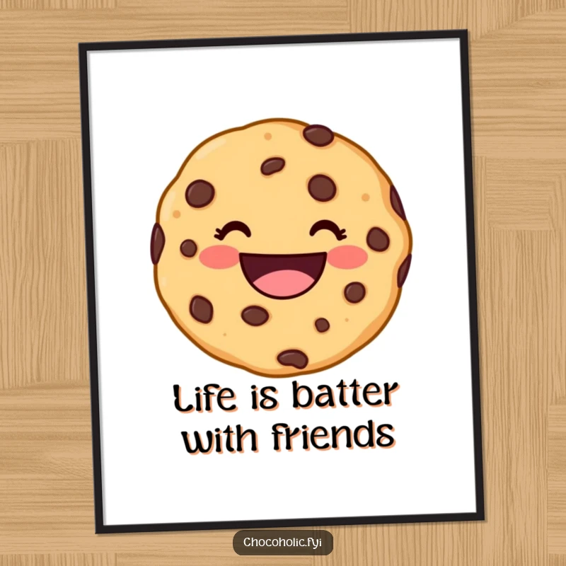 Funny Free Printable Wall Art: A kawaii chocolate chip cookie character sporting a massive, delighted grin, perfect for a cheerful room.