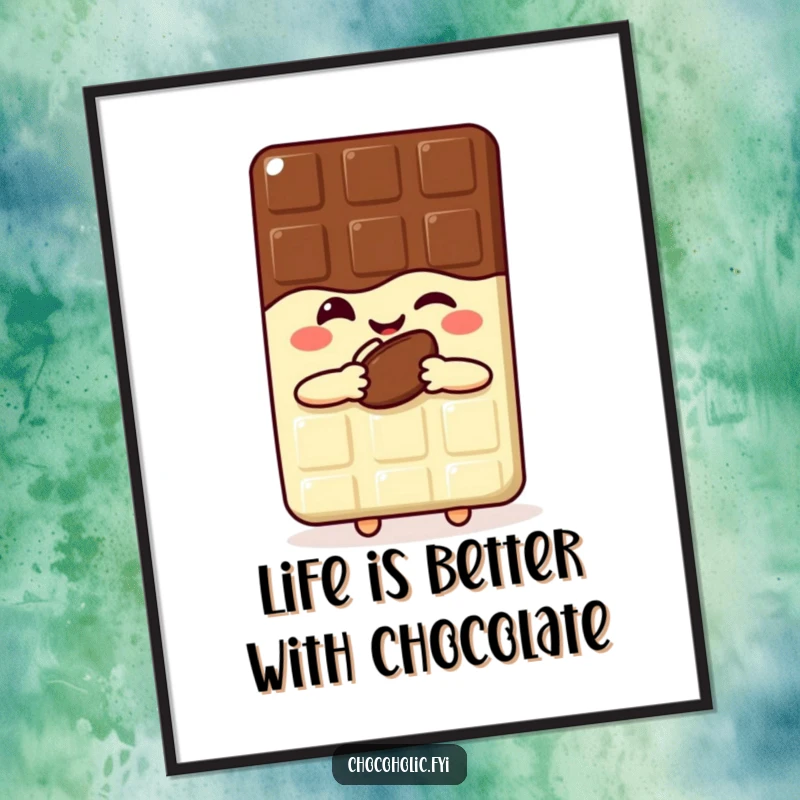 Funny Free Printable Wall Art featuring a kawaii chocolate bar smiling, winking, and holding a cocoa bean, perfect for kitchens.