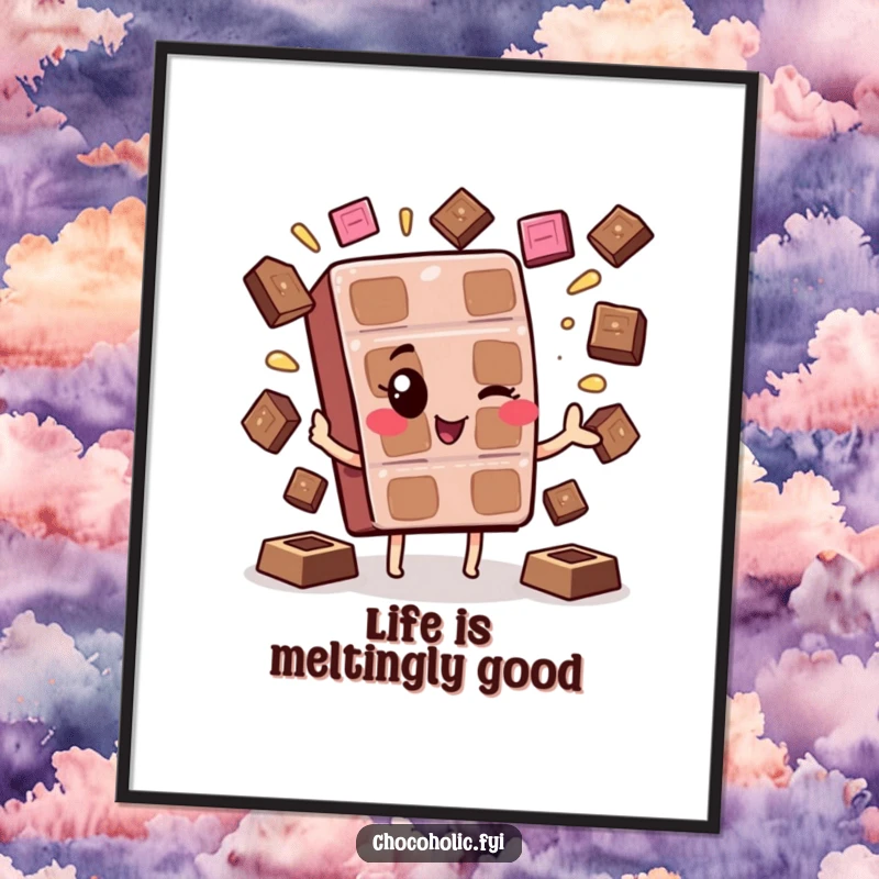 Funny Free Printable Wall Art: A kawaii chocolate bar character winking playfully while juggling melting chocolate squares.