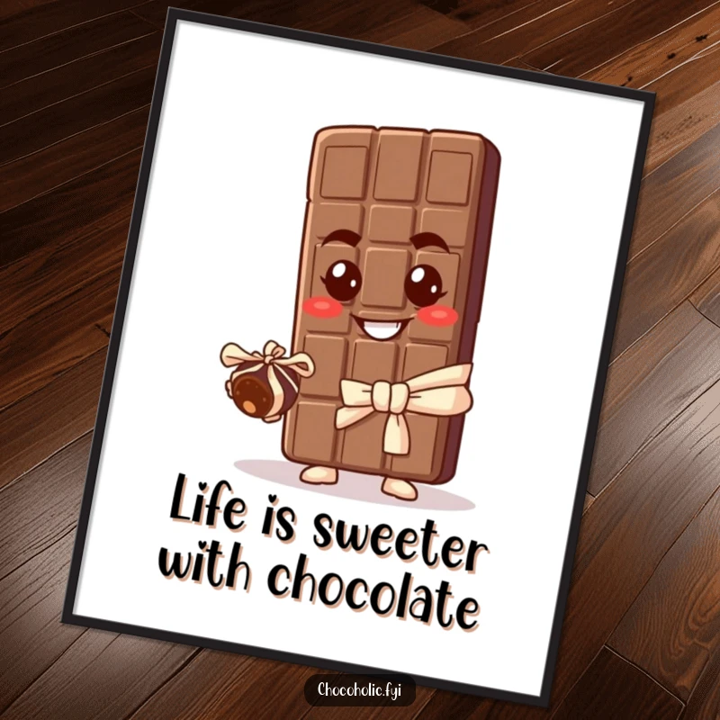 Funny Free Printable wall art of a chocolate bar character with a cheeky grin offering a tiny truffle.