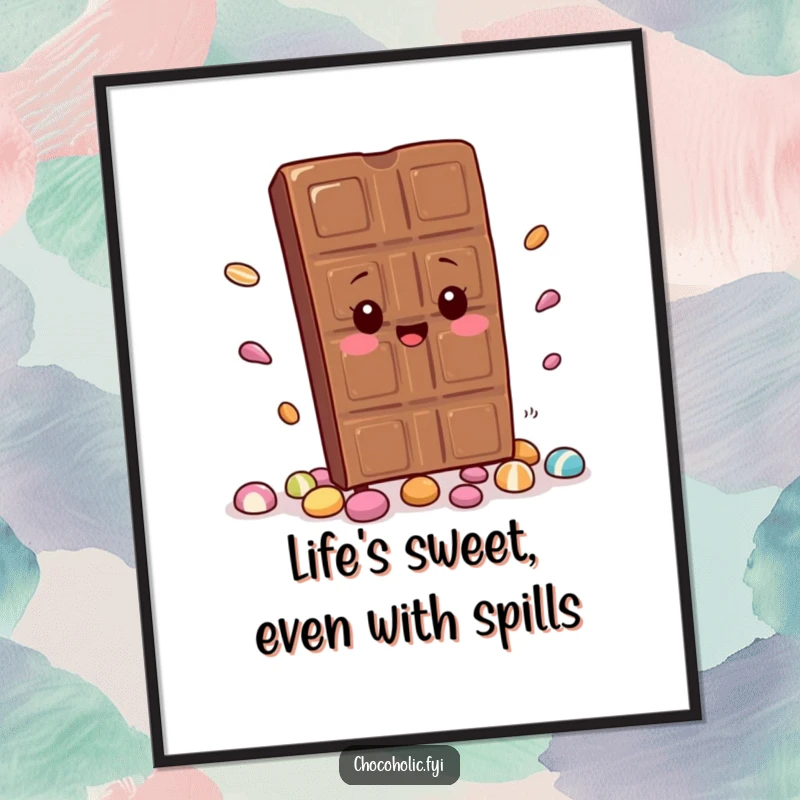 Funny Free Printable Wall Art: A kawaii chocolate bar character trips and scatters colorful candy pieces, creating a humorous scene.