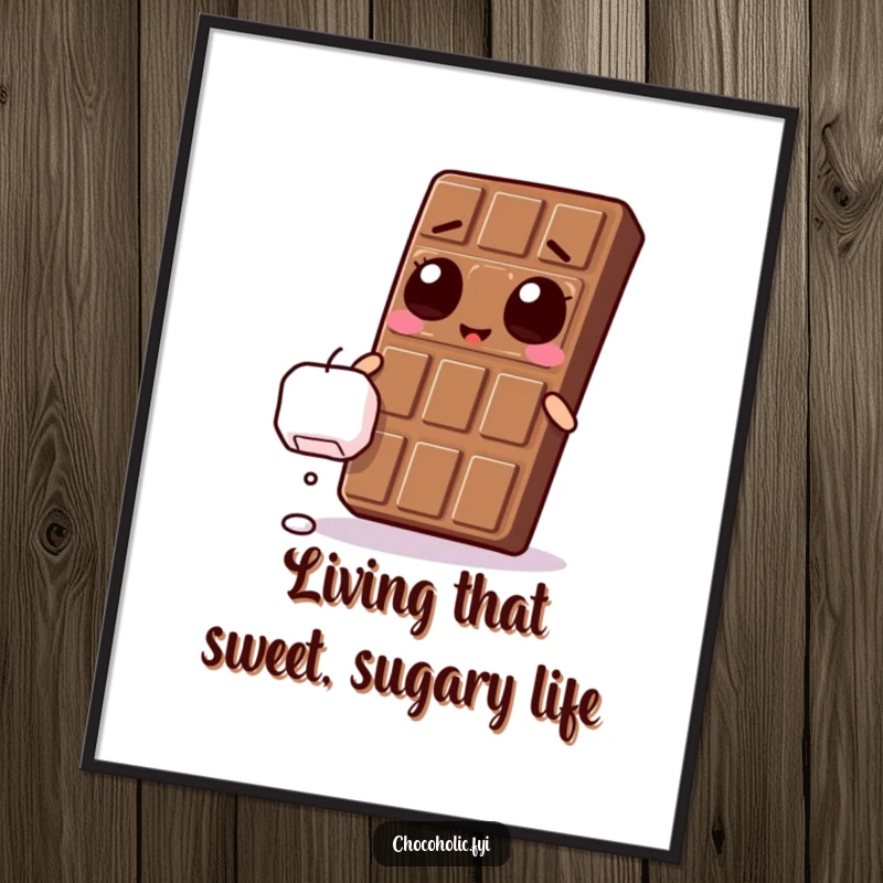 Funny Free Printable Wall Art features a Kawaii chocolate bar with wide, ecstatic eyes, reaching for a delicious falling marshmallow, perfect for a kitchen.