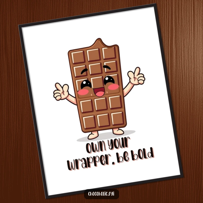 Funny free printable wall art: a chocolate bar character striking a proud, enthusiastic pose, exuding confidence and personality.
