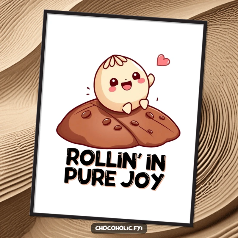 Funny Free Printable Wall Art: Playful Kawaii truffle character rolls with pure glee down a rich chocolate hill, perfect for decor.