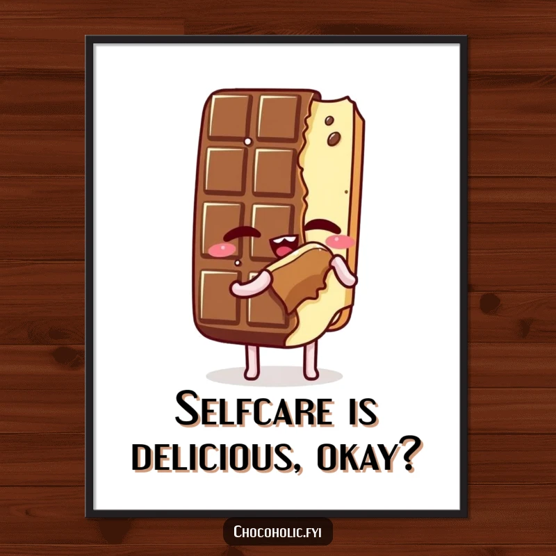 Funny Free Printable Wall Art: A kawaii chocolate bar character closes its eyes, blissfully savoring a bite of itself.