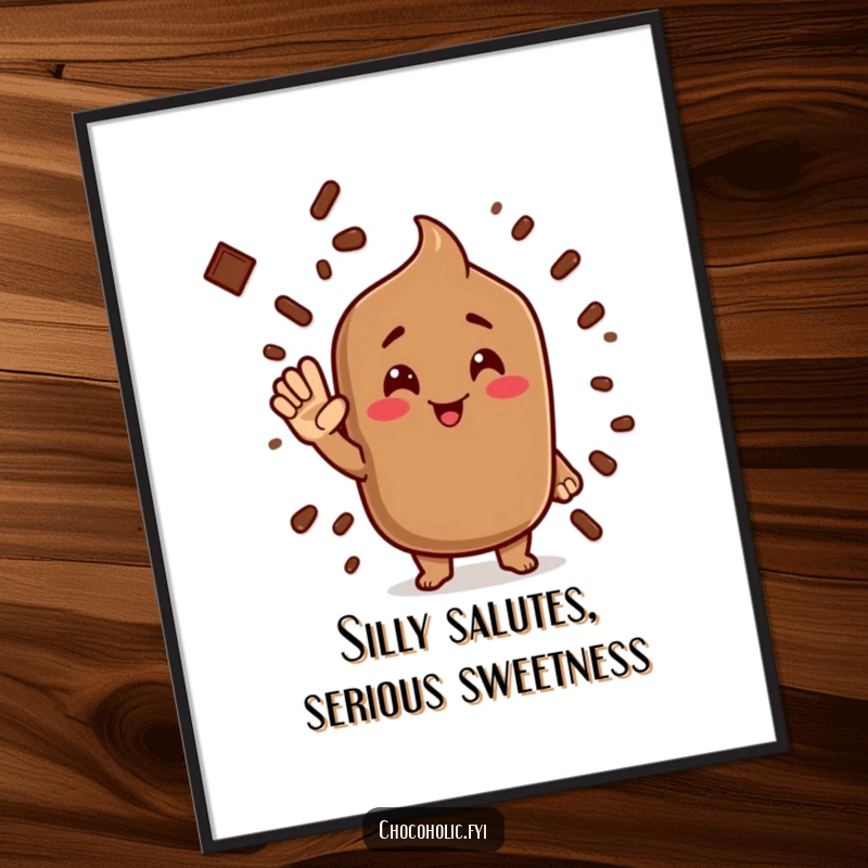Funny Free Printable Wall Art of a chocolate cocoa powder character giving a very silly, attention-grabbing salute.