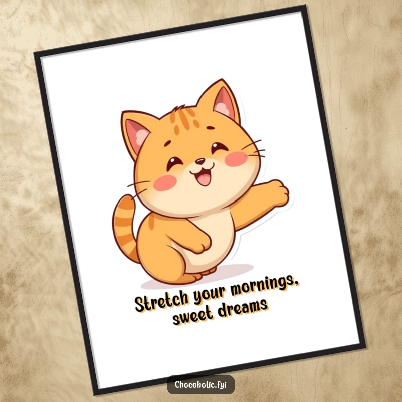 Funny Free Printable Kawaii caramel character stretching like a cat, designed as cute and humorous downloadable wall art for home decor.