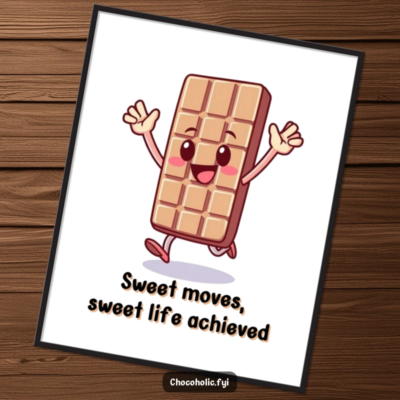 Funny free printable wall art: a cheerful chocolate bar character performing a joyful hop with arms raised, bringing energy to any room.