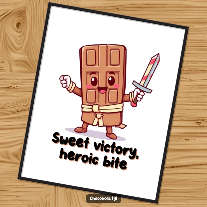 Funny Free Printable Wall Art: A kawaii chocolate bar character strikes a heroic pose, wielding a candy cane sword with determination.