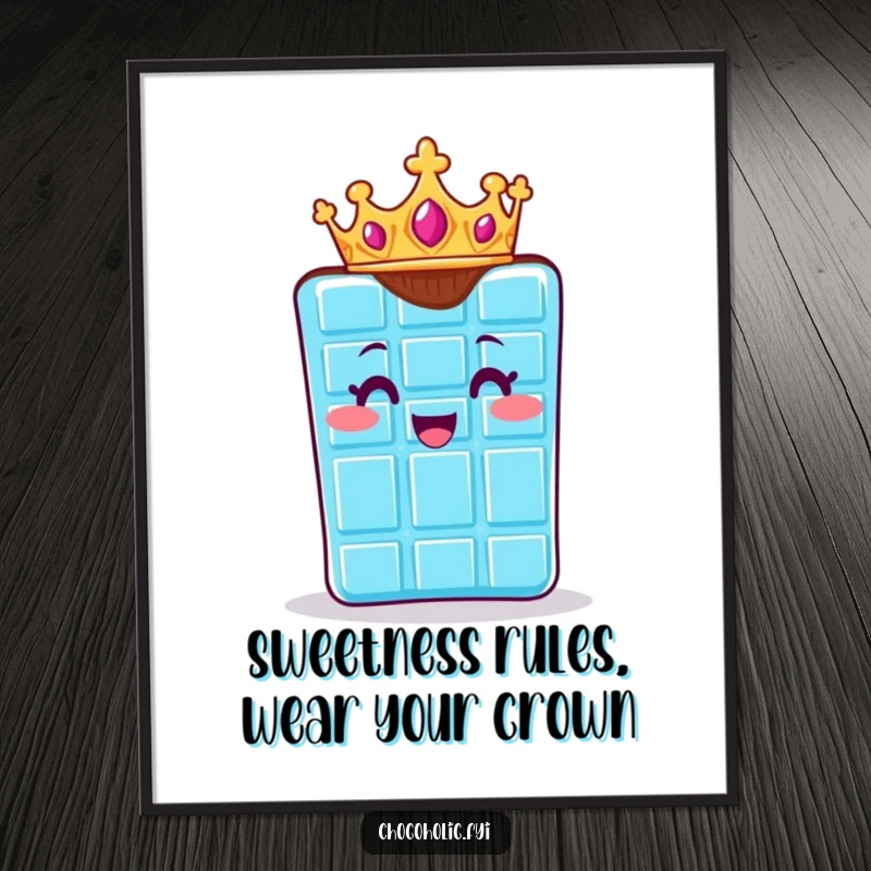 Funny Free Printable Wall Art: Chocolate bar character adorned with a small golden crown, displaying regal and delighted charm.