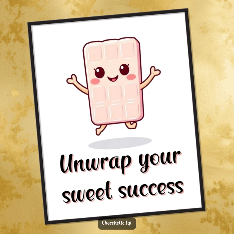Funny Free Printable Wall Art: A kawaii chocolate bar character in a joyful mid-air jump, bringing a smile to any wall.