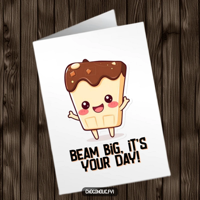 Funny Free Printable Birthday Card: Kawaii chocolate bar character beaming with pride, celebrating a grand achievement.