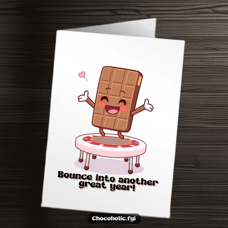 Funny Free Printable birthday card featuring a chocolate bar character bouncing joyfully on a marshmallow trampoline.