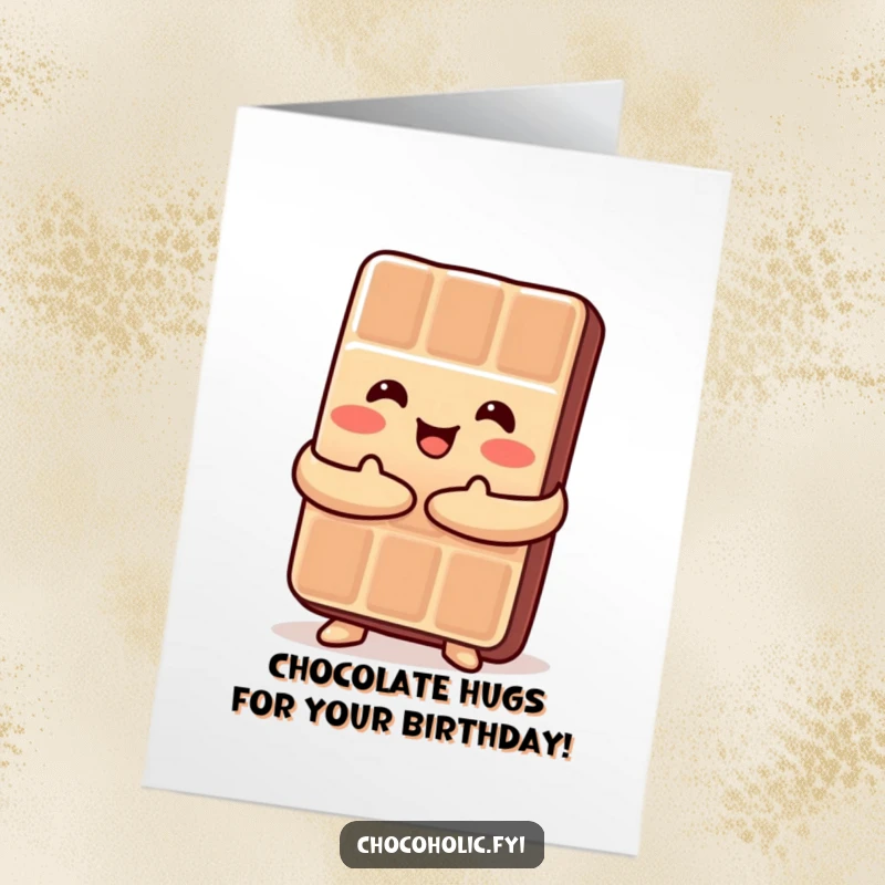 Funny Free Printable Birthday Card: A Kawaii chocolate bar giving itself a happy hug, sending sweet birthday wishes.