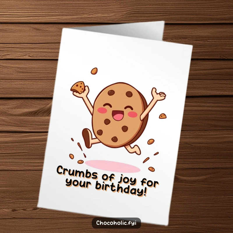 Funny Free Printable Birthday Card: A kawaii chocolate cookie joyfully leaping and scattering cookie crumbs with a wide smile.